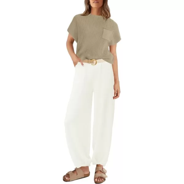imageZESICA Womens 2 Piece Outfits Sweater Set Short Sleeve Mock Neck Knit Pullover Top High Waist Pant Tracksuit Lounge SetsBeige