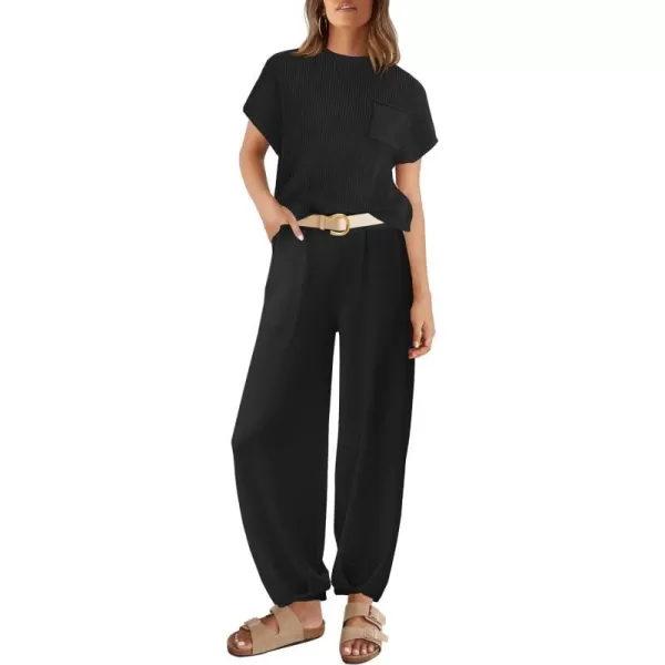 imageZESICA Womens 2 Piece Outfits Sweater Set Short Sleeve Mock Neck Knit Pullover Top High Waist Pant Tracksuit Lounge SetsBlack