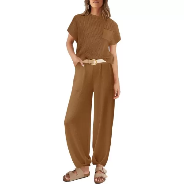 imageZESICA Womens 2 Piece Outfits Sweater Set Short Sleeve Mock Neck Knit Pullover Top High Waist Pant Tracksuit Lounge SetsBrown