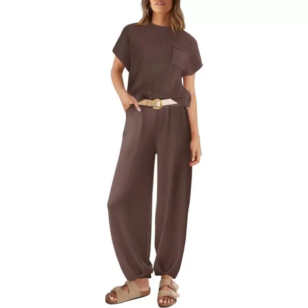 imageZESICA Womens 2 Piece Outfits Sweater Set Short Sleeve Mock Neck Knit Pullover Top High Waist Pant Tracksuit Lounge SetsCoffee