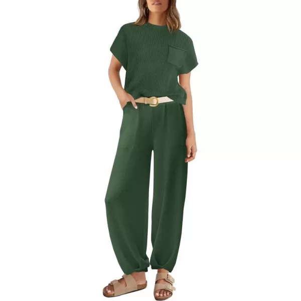 imageZESICA Womens 2 Piece Outfits Sweater Set Short Sleeve Mock Neck Knit Pullover Top High Waist Pant Tracksuit Lounge SetsDarkgreen