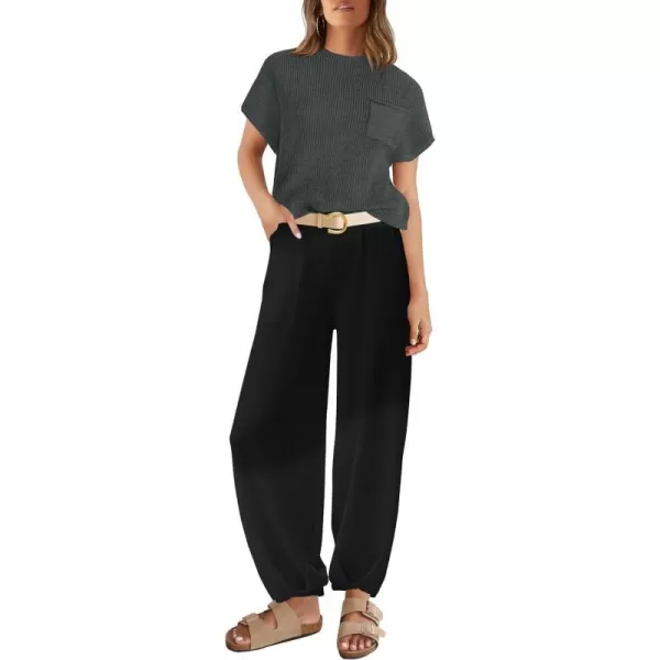 imageZESICA Womens 2 Piece Outfits Sweater Set Short Sleeve Mock Neck Knit Pullover Top High Waist Pant Tracksuit Lounge SetsDarkgrey