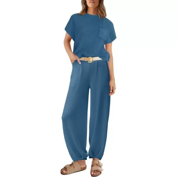 imageZESICA Womens 2 Piece Outfits Sweater Set Short Sleeve Mock Neck Knit Pullover Top High Waist Pant Tracksuit Lounge SetsDustyblue