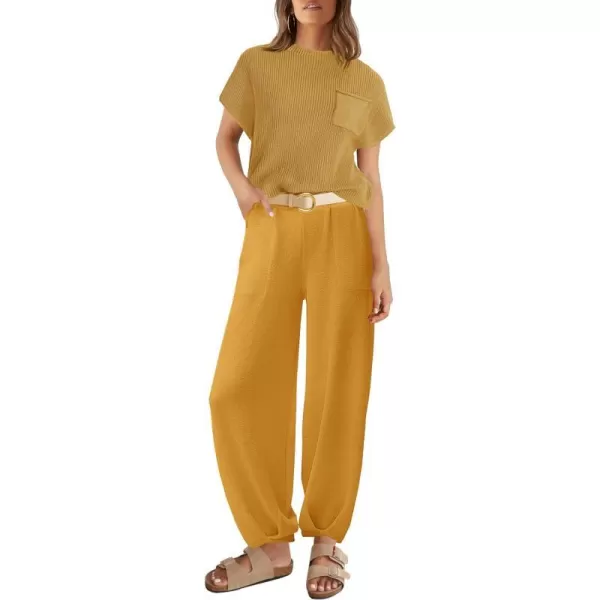 imageZESICA Womens 2 Piece Outfits Sweater Set Short Sleeve Mock Neck Knit Pullover Top High Waist Pant Tracksuit Lounge SetsGinger