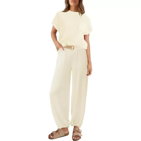 imageZESICA Womens 2 Piece Outfits Sweater Set Short Sleeve Mock Neck Knit Pullover Top High Waist Pant Tracksuit Lounge SetsIvory