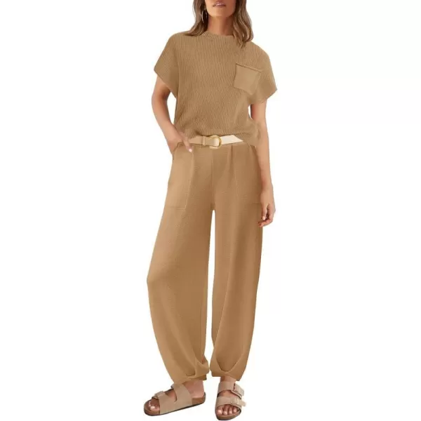 imageZESICA Womens 2 Piece Outfits Sweater Set Short Sleeve Mock Neck Knit Pullover Top High Waist Pant Tracksuit Lounge SetsKhaki