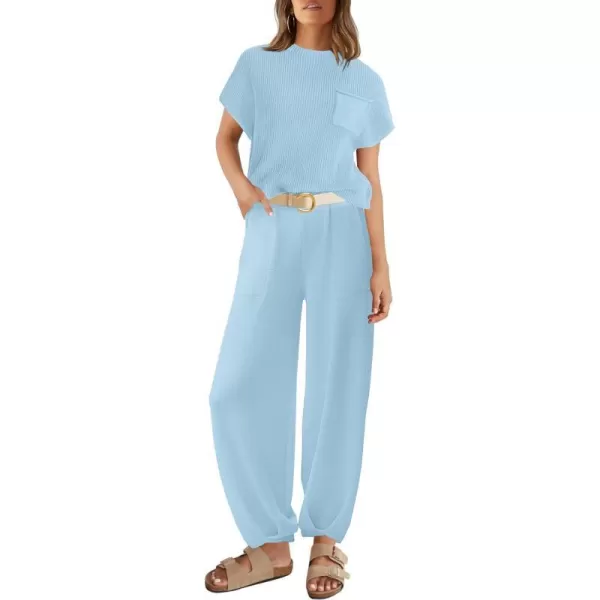 imageZESICA Womens 2 Piece Outfits Sweater Set Short Sleeve Mock Neck Knit Pullover Top High Waist Pant Tracksuit Lounge SetsLightblue