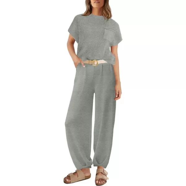 imageZESICA Womens 2 Piece Outfits Sweater Set Short Sleeve Mock Neck Knit Pullover Top High Waist Pant Tracksuit Lounge SetsLightgrey
