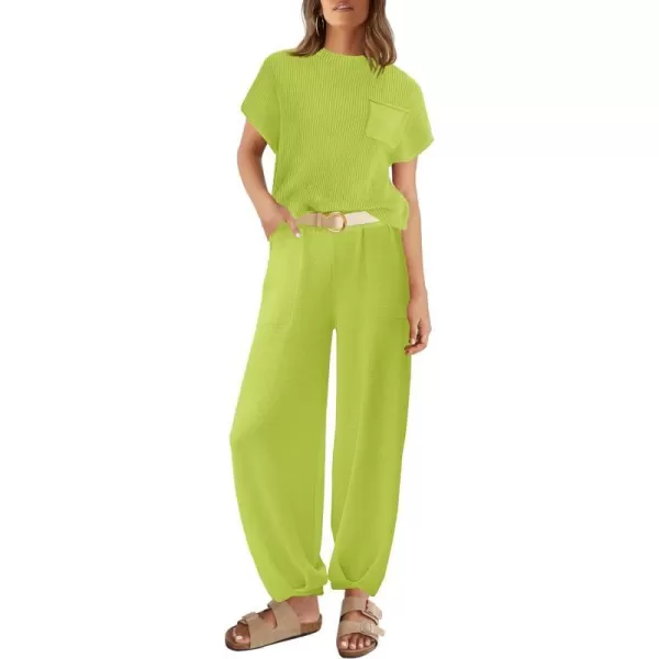 imageZESICA Womens 2 Piece Outfits Sweater Set Short Sleeve Mock Neck Knit Pullover Top High Waist Pant Tracksuit Lounge SetsLime