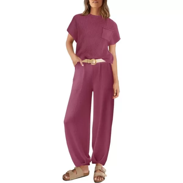 imageZESICA Womens 2 Piece Outfits Sweater Set Short Sleeve Mock Neck Knit Pullover Top High Waist Pant Tracksuit Lounge SetsPlum