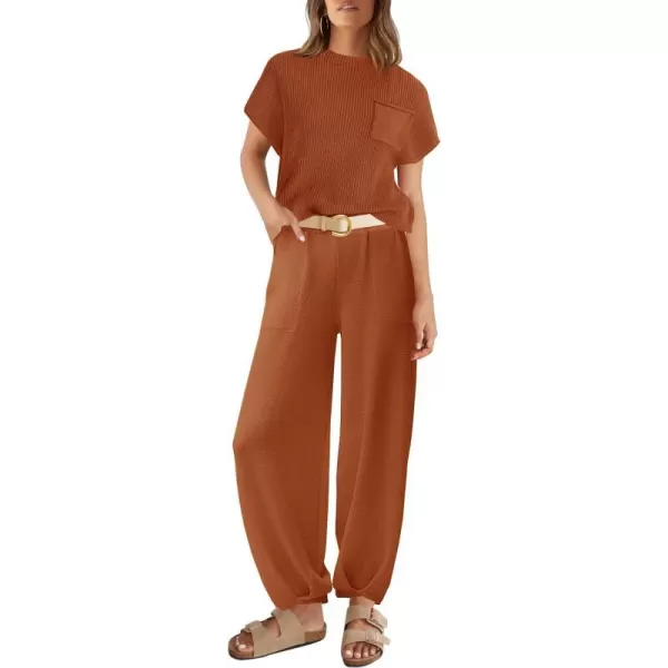 imageZESICA Womens 2 Piece Outfits Sweater Set Short Sleeve Mock Neck Knit Pullover Top High Waist Pant Tracksuit Lounge SetsRust