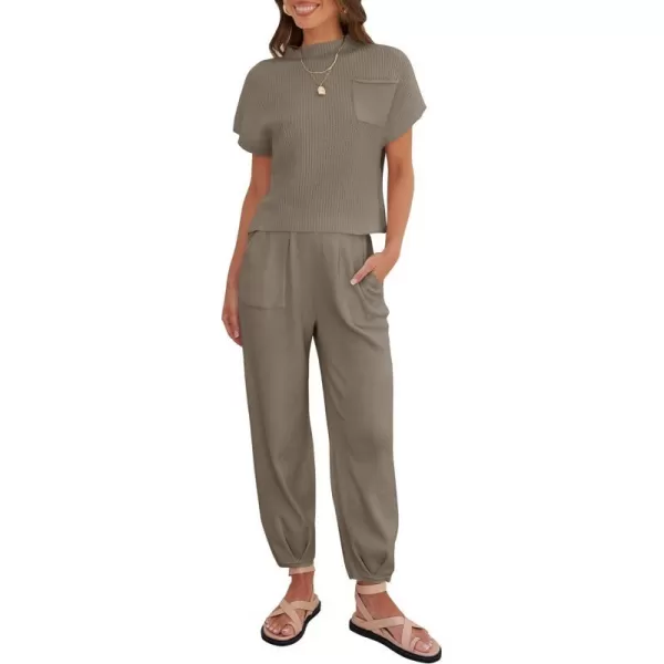 imageZESICA Womens 2 Piece Outfits Sweater Set Short Sleeve Mock Neck Knit Pullover Top High Waist Pant Tracksuit Lounge SetsTan