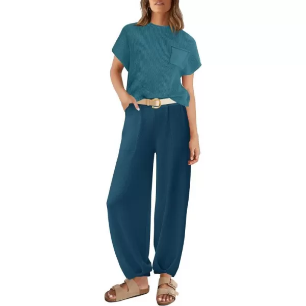 imageZESICA Womens 2 Piece Outfits Sweater Set Short Sleeve Mock Neck Knit Pullover Top High Waist Pant Tracksuit Lounge SetsTealblue