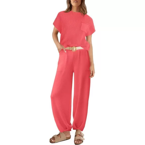 imageZESICA Womens 2 Piece Outfits Sweater Set Short Sleeve Mock Neck Knit Pullover Top High Waist Pant Tracksuit Lounge SetsWatermelon