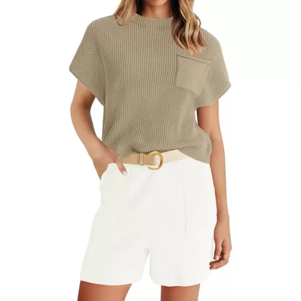 imageZESICA Womens 2 Piece Outfits Sweater Set Short Sleeve Mock Neck Knit Pullover Top and Shorts Tracksuit Lounge SetsBeige
