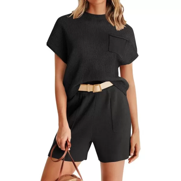 imageZESICA Womens 2 Piece Outfits Sweater Set Short Sleeve Mock Neck Knit Pullover Top and Shorts Tracksuit Lounge SetsBlack