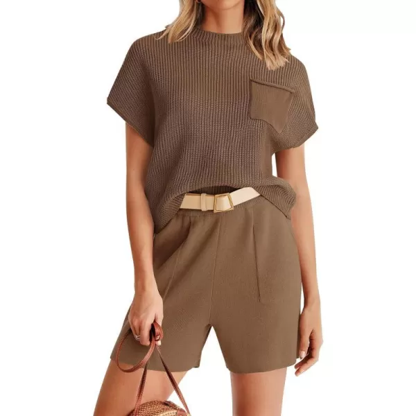imageZESICA Womens 2 Piece Outfits Sweater Set Short Sleeve Mock Neck Knit Pullover Top and Shorts Tracksuit Lounge SetsCoffee