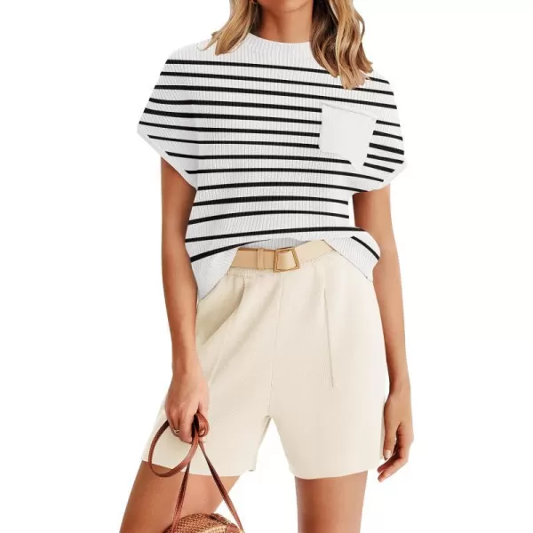 imageZESICA Womens 2 Piece Outfits Sweater Set Short Sleeve Mock Neck Knit Pullover Top and Shorts Tracksuit Lounge SetsCream