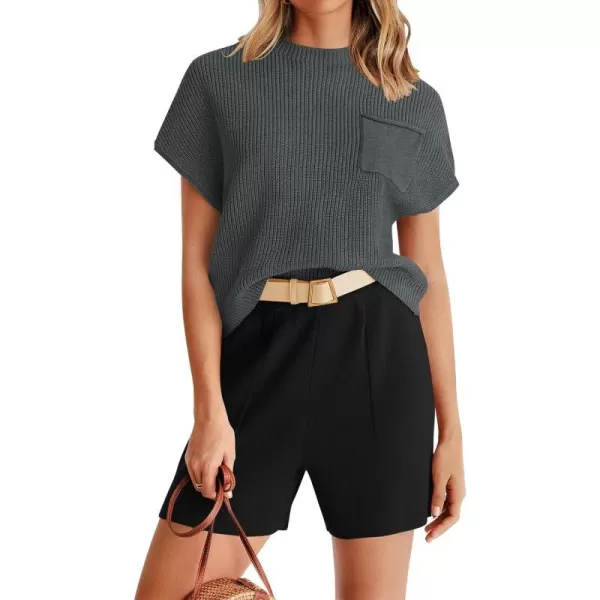 imageZESICA Womens 2 Piece Outfits Sweater Set Short Sleeve Mock Neck Knit Pullover Top and Shorts Tracksuit Lounge SetsDarkgrey