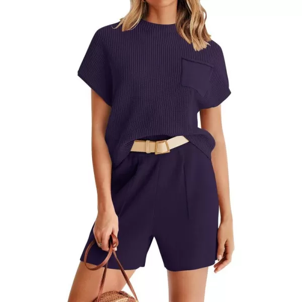 imageZESICA Womens 2 Piece Outfits Sweater Set Short Sleeve Mock Neck Knit Pullover Top and Shorts Tracksuit Lounge SetsDarkpurple