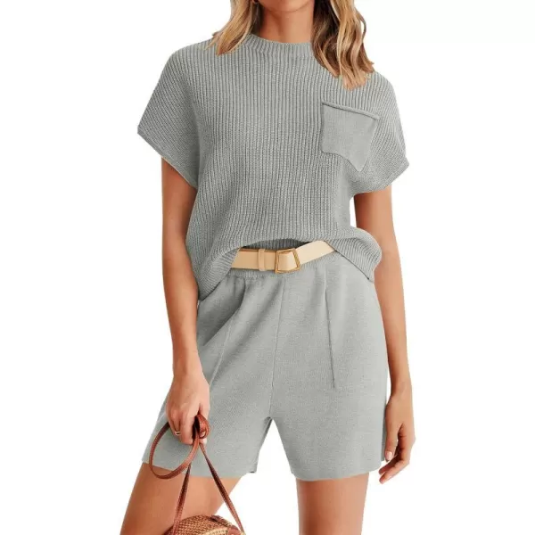 imageZESICA Womens 2 Piece Outfits Sweater Set Short Sleeve Mock Neck Knit Pullover Top and Shorts Tracksuit Lounge SetsGrey