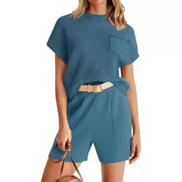 imageZESICA Womens 2 Piece Outfits Sweater Set Short Sleeve Mock Neck Knit Pullover Top and Shorts Tracksuit Lounge SetsGreyblue