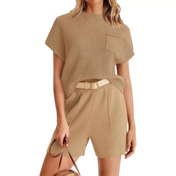 imageZESICA Womens 2 Piece Outfits Sweater Set Short Sleeve Mock Neck Knit Pullover Top and Shorts Tracksuit Lounge SetsKhaki