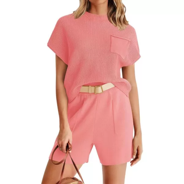 imageZESICA Womens 2 Piece Outfits Sweater Set Short Sleeve Mock Neck Knit Pullover Top and Shorts Tracksuit Lounge SetsPink