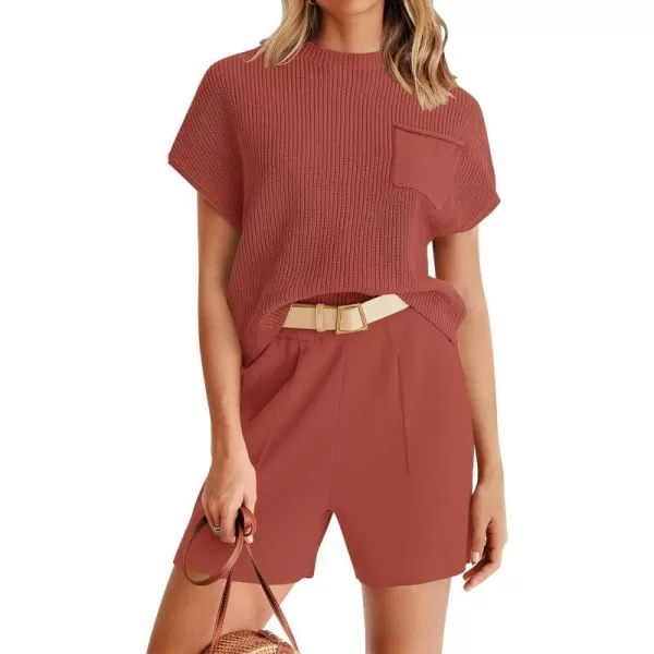 imageZESICA Womens 2 Piece Outfits Sweater Set Short Sleeve Mock Neck Knit Pullover Top and Shorts Tracksuit Lounge SetsRust