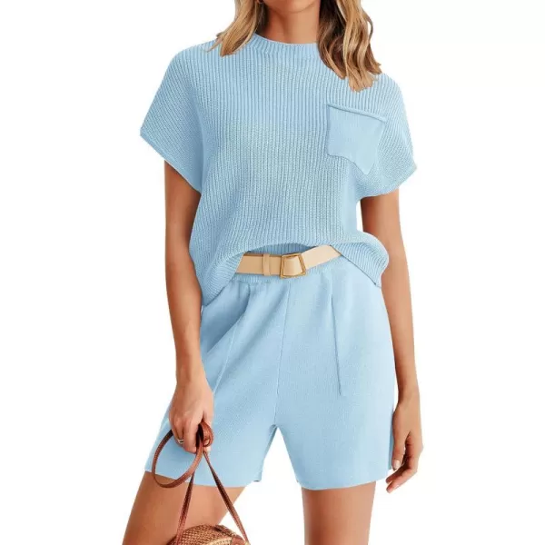 imageZESICA Womens 2 Piece Outfits Sweater Set Short Sleeve Mock Neck Knit Pullover Top and Shorts Tracksuit Lounge SetsSky