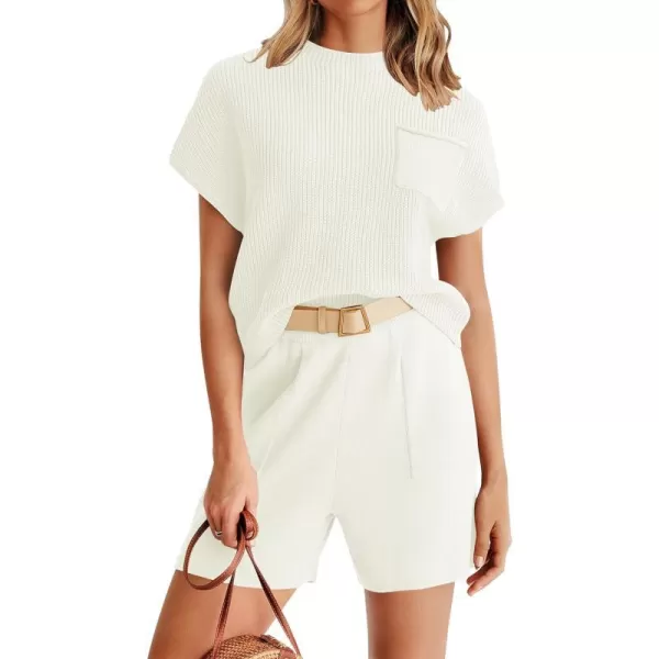 imageZESICA Womens 2 Piece Outfits Sweater Set Short Sleeve Mock Neck Knit Pullover Top and Shorts Tracksuit Lounge SetsWhite