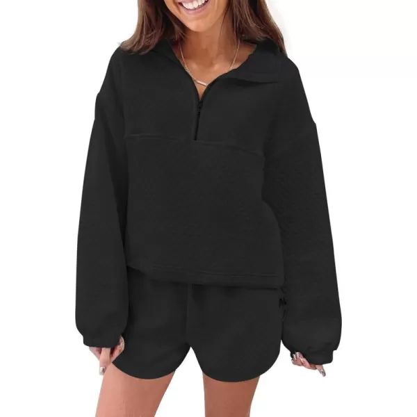 imageZESICA Womens 2 Piece Outfits Sweatsuit Set Oversized Y2k Zipper Hoodie Sweatshirt and Shorts Tracksuit Lounge SetsBlack