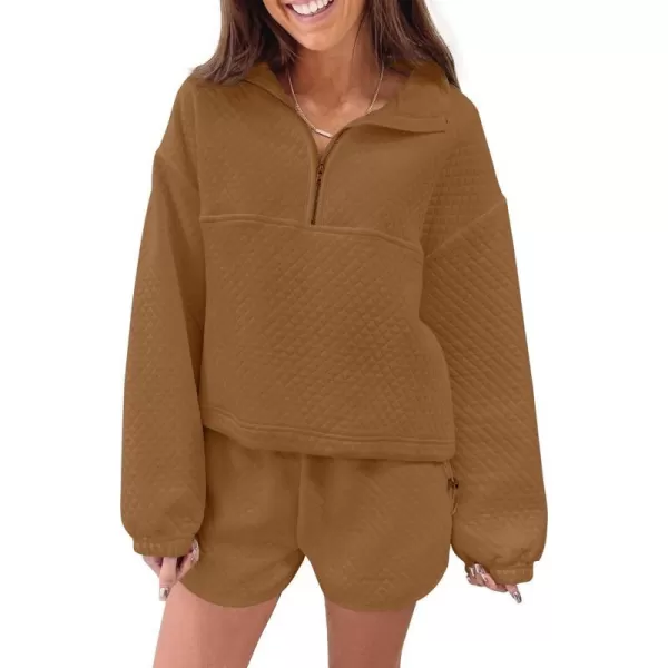imageZESICA Womens 2 Piece Outfits Sweatsuit Set Oversized Y2k Zipper Hoodie Sweatshirt and Shorts Tracksuit Lounge SetsBrown