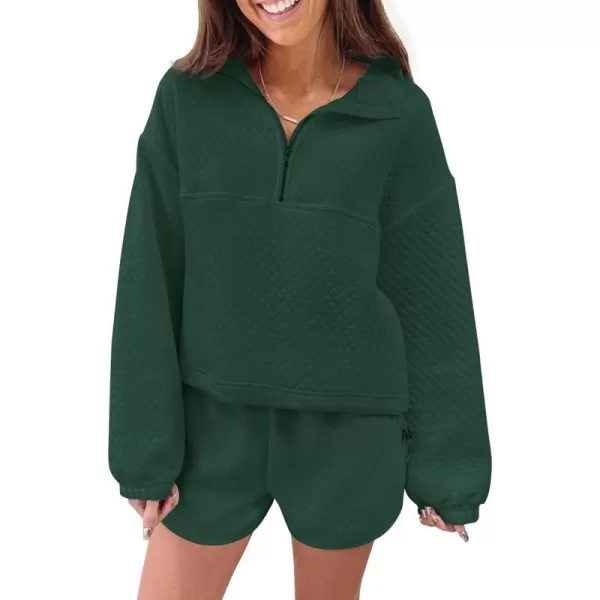 imageZESICA Womens 2 Piece Outfits Sweatsuit Set Oversized Y2k Zipper Hoodie Sweatshirt and Shorts Tracksuit Lounge SetsDarkgreen