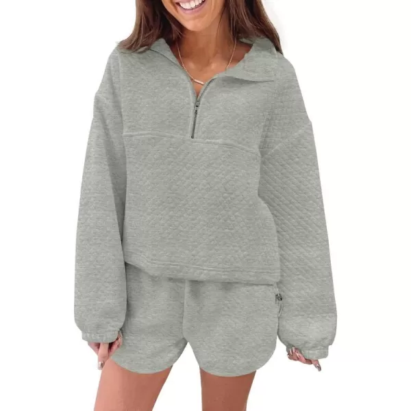 imageZESICA Womens 2 Piece Outfits Sweatsuit Set Oversized Y2k Zipper Hoodie Sweatshirt and Shorts Tracksuit Lounge SetsGrey