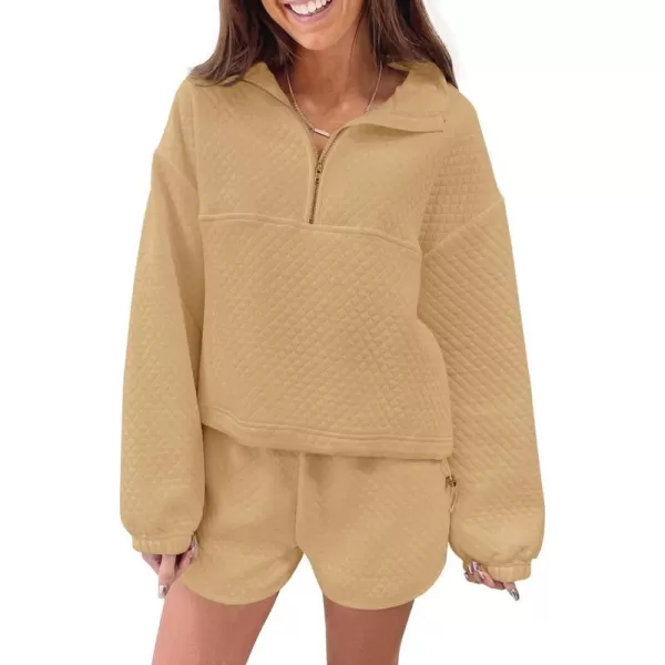 imageZESICA Womens 2 Piece Outfits Sweatsuit Set Oversized Y2k Zipper Hoodie Sweatshirt and Shorts Tracksuit Lounge SetsKhaki