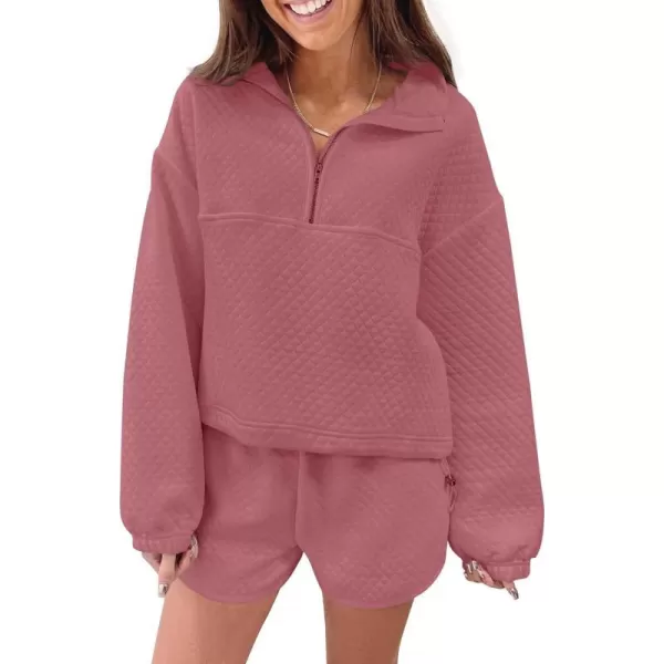 imageZESICA Womens 2 Piece Outfits Sweatsuit Set Oversized Y2k Zipper Hoodie Sweatshirt and Shorts Tracksuit Lounge SetsRose