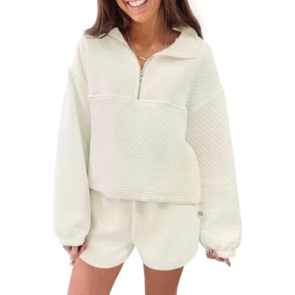 imageZESICA Womens 2 Piece Outfits Sweatsuit Set Oversized Y2k Zipper Hoodie Sweatshirt and Shorts Tracksuit Lounge SetsWhite