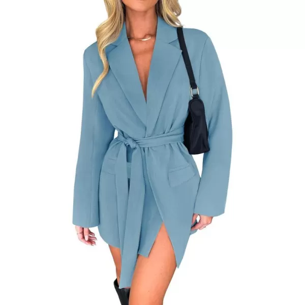 imageZESICA Womens 2023 Blazers Long Sleeve Lapel Open Front Oversized Business Work Office Jackets Blazer with BeltDustyblue