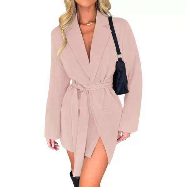imageZESICA Womens 2023 Blazers Long Sleeve Lapel Open Front Oversized Business Work Office Jackets Blazer with BeltPink