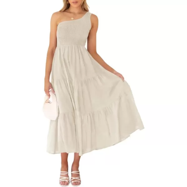 imageZESICA Womens 2023 Bohemian Summer Floral Print One Shoulder Sleeveless Smocked Ruffle Tiered Beach Long Midi DressBeige