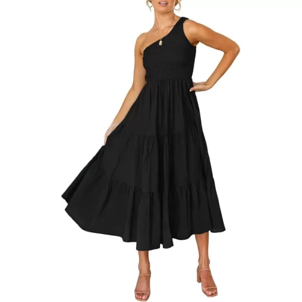 imageZESICA Womens 2023 Bohemian Summer Floral Print One Shoulder Sleeveless Smocked Ruffle Tiered Beach Long Midi DressBlack