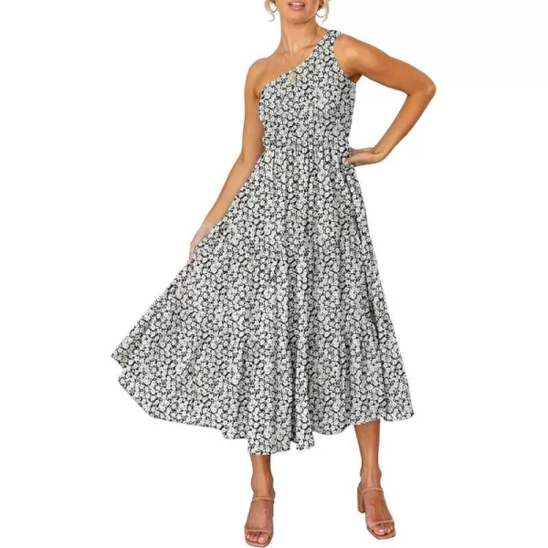 imageZESICA Womens 2023 Bohemian Summer Floral Print One Shoulder Sleeveless Smocked Ruffle Tiered Beach Long Midi DressBlackwhite
