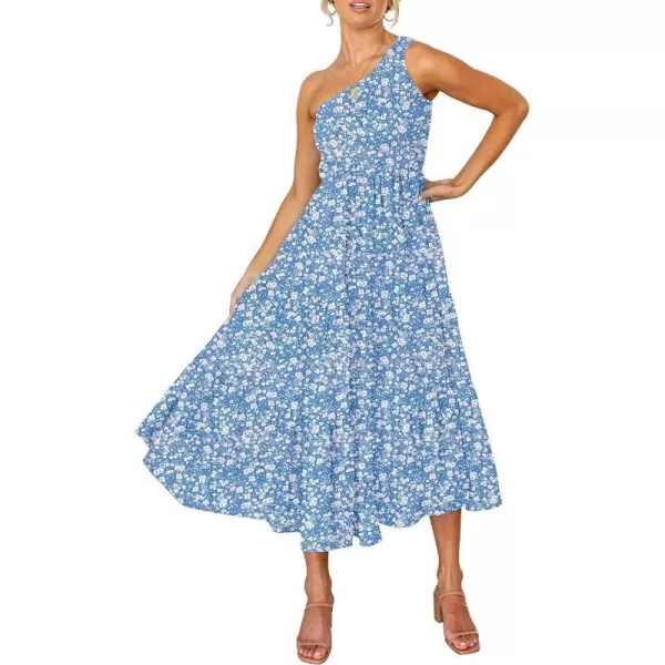 imageZESICA Womens 2023 Bohemian Summer Floral Print One Shoulder Sleeveless Smocked Ruffle Tiered Beach Long Midi DressBlue