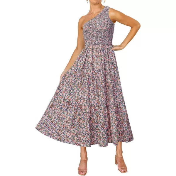 imageZESICA Womens 2023 Bohemian Summer Floral Print One Shoulder Sleeveless Smocked Ruffle Tiered Beach Long Midi DressBluepink