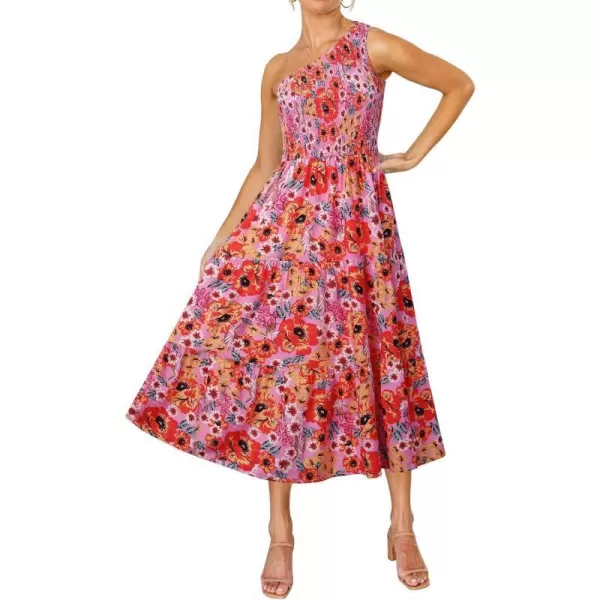 imageZESICA Womens 2023 Bohemian Summer Floral Print One Shoulder Sleeveless Smocked Ruffle Tiered Beach Long Midi DressBrightpink