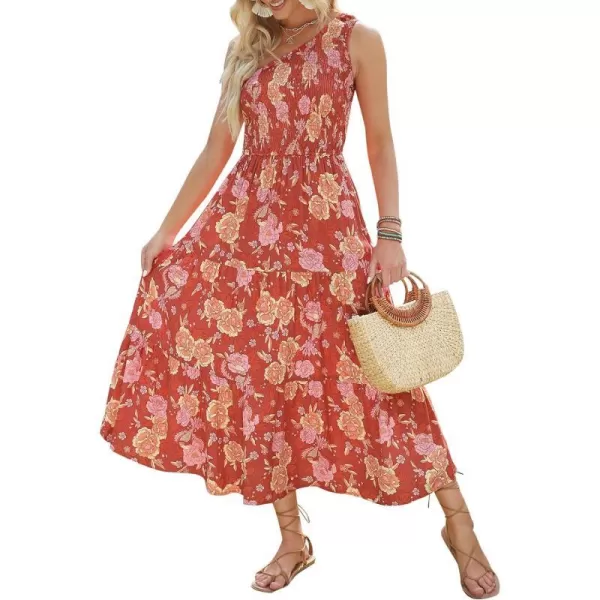 imageZESICA Womens 2023 Bohemian Summer Floral Print One Shoulder Sleeveless Smocked Ruffle Tiered Beach Long Midi DressBurntbrick