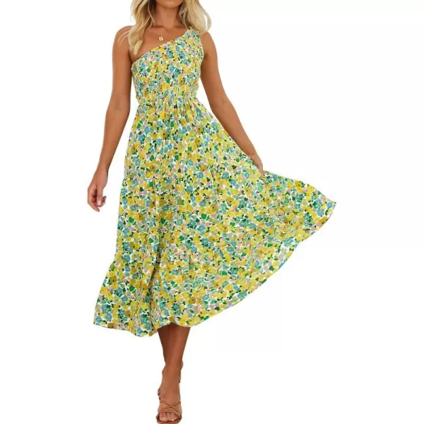 imageZESICA Womens 2023 Bohemian Summer Floral Print One Shoulder Sleeveless Smocked Ruffle Tiered Beach Long Midi DressChartreuse