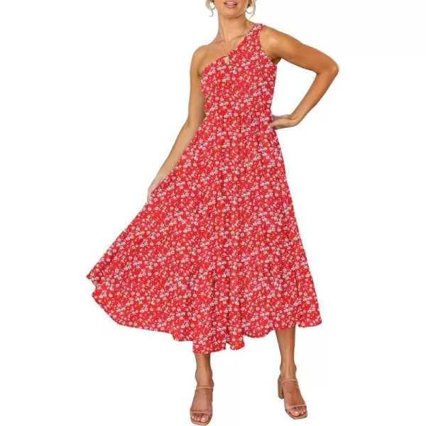 imageZESICA Womens 2023 Bohemian Summer Floral Print One Shoulder Sleeveless Smocked Ruffle Tiered Beach Long Midi DressCherry
