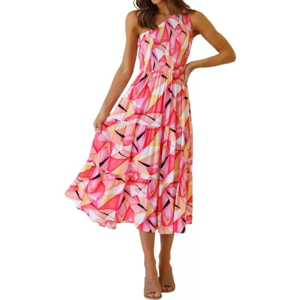 imageZESICA Womens 2023 Bohemian Summer Floral Print One Shoulder Sleeveless Smocked Ruffle Tiered Beach Long Midi DressGeometricpink